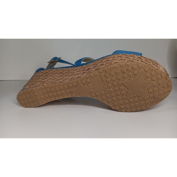 Jimmy Choo Wedge Sandals Blue Suede Cork Espadrilles Made in Spain Size 38 - Picture 10 of 16